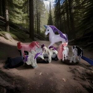 Horse Pegasus Unicorn Lot of 6 Plastic Imaginative Play Toy Pink Purple White.